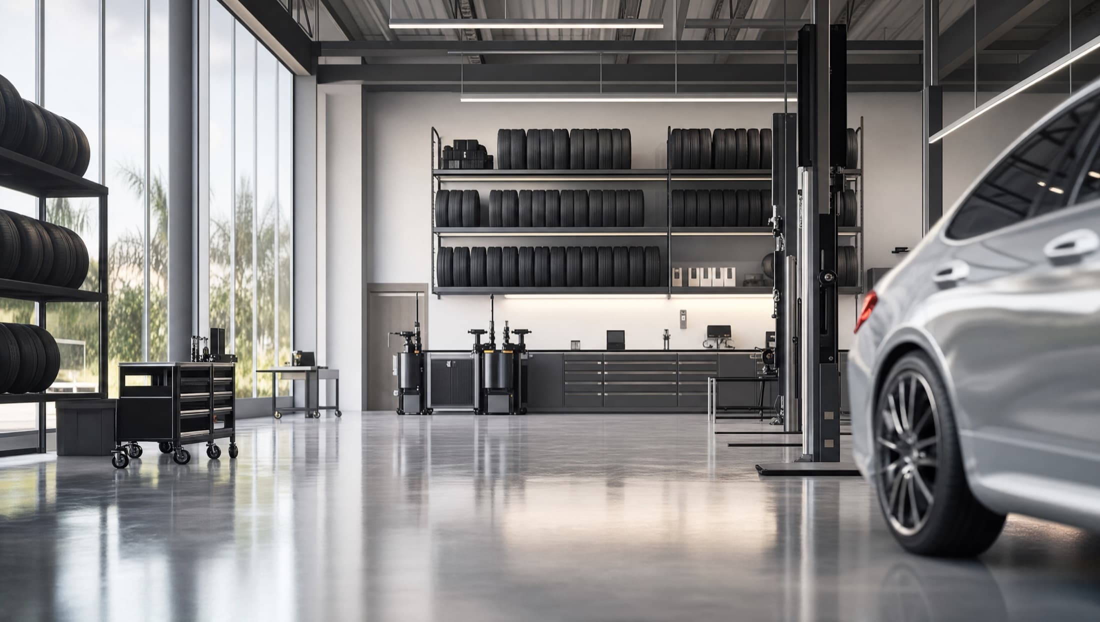 Officina gomme con area lavoro e pneumatici
