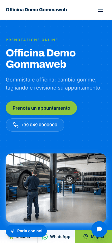 Sito dimostrativo Gommaweb per officina visto da mobile