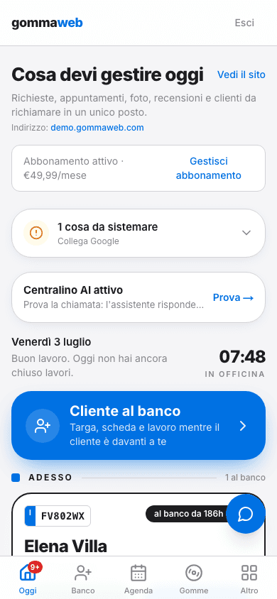 Pannello Gommaweb con richieste, appuntamenti e lavori del giorno